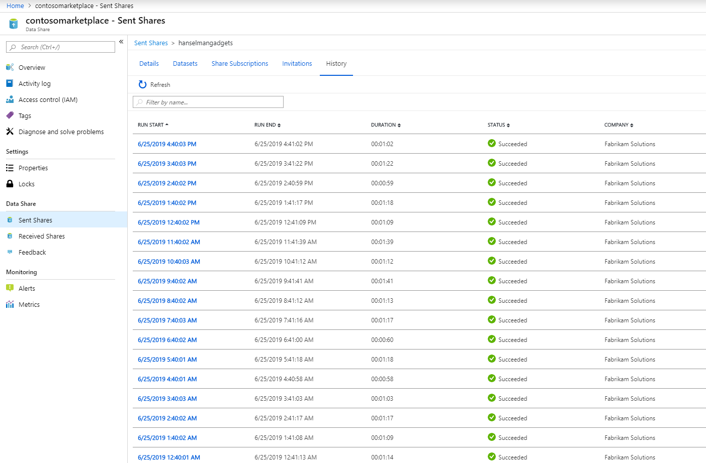 Capture d’écran de Partages envoyés sur le Portail Azure