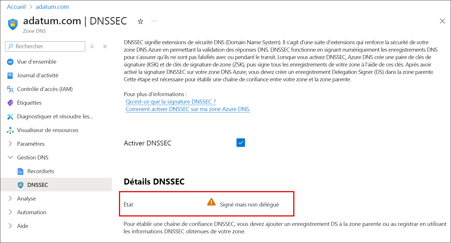 Capture d’écran de la confirmation de la désactivation de DNSSEC.