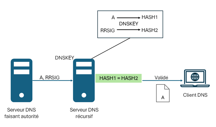 Diagramme montrant le fonctionnement de la validation DNSSEC.