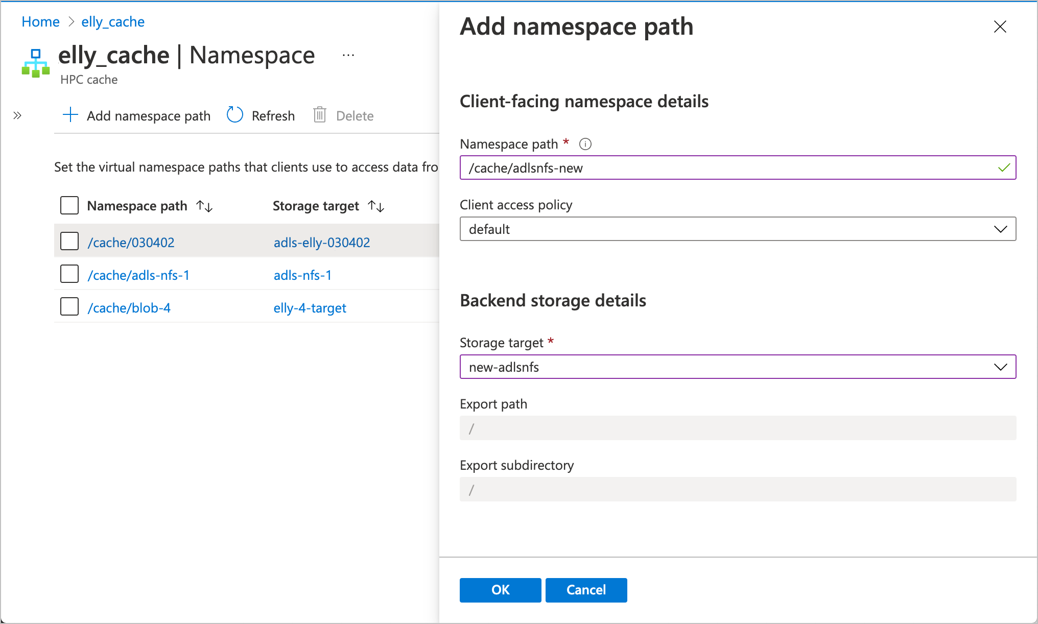 Screenshot of the add namespace edit fields with an ADLS-NFS storage target selected. The export and subdirectory paths are set to / and not editable.