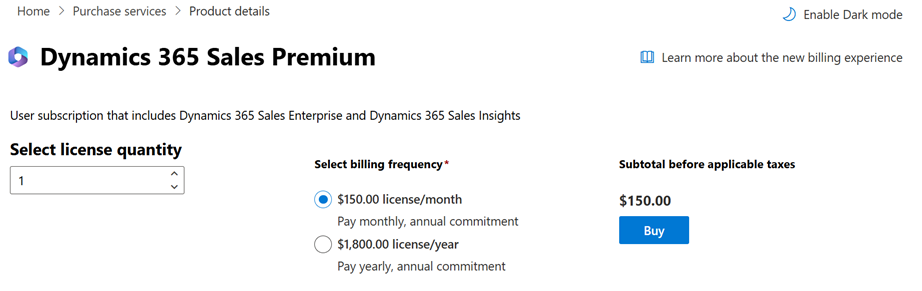 Capture d’écran de la page d’achat de licence de Dynamics 365 Sales Premium.