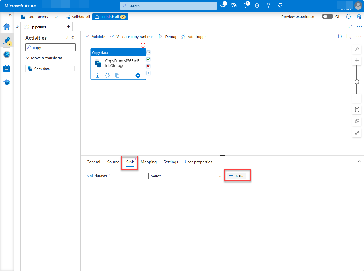 Capture d’écran de la page des ressources de fabrique du portail Azure avec l’onglet Récepteur mis en évidence.