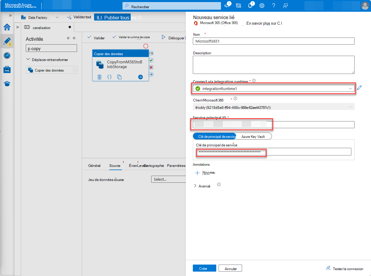 Capture d’écran de la page du service Data Factory du portail Azure avec la clé de principal de service configurée.