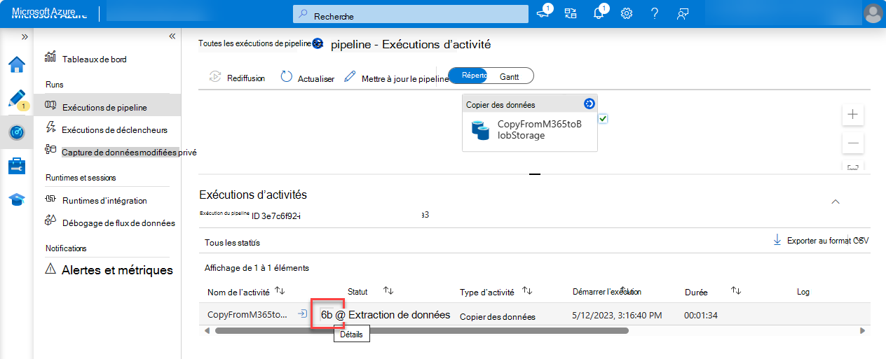 Capture d’écran de pipeline1 avec l’onglet Détails mis en évidence.