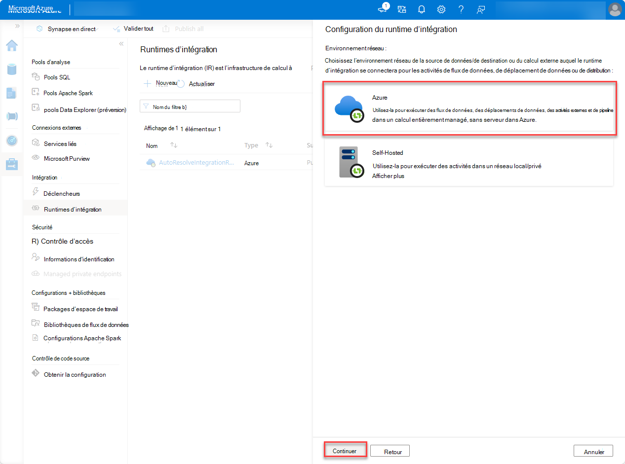 Capture d’écran de la configuration du runtime d’intégration avec Azure sélectionné pour l’environnement réseau et Continuer mis en évidence.