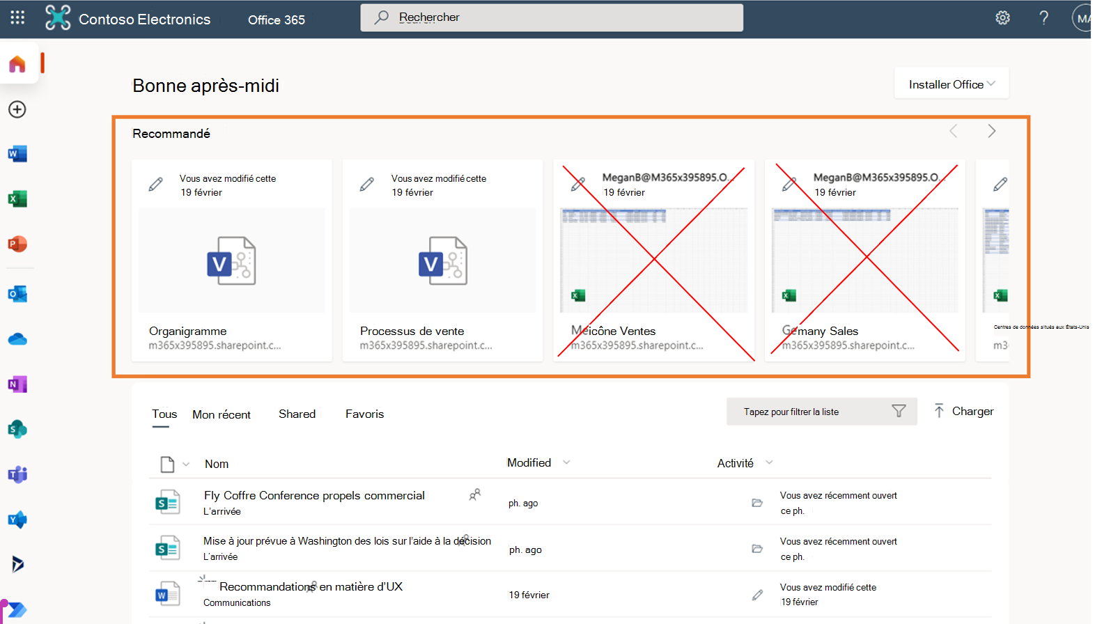 Page d’accueil de Contoso Electronics Office 365 pour l’utilisateur Mike. L’expérience recommandée est mise en surbrillance. Red Xs barre les deux documents travaillés par Megan B.