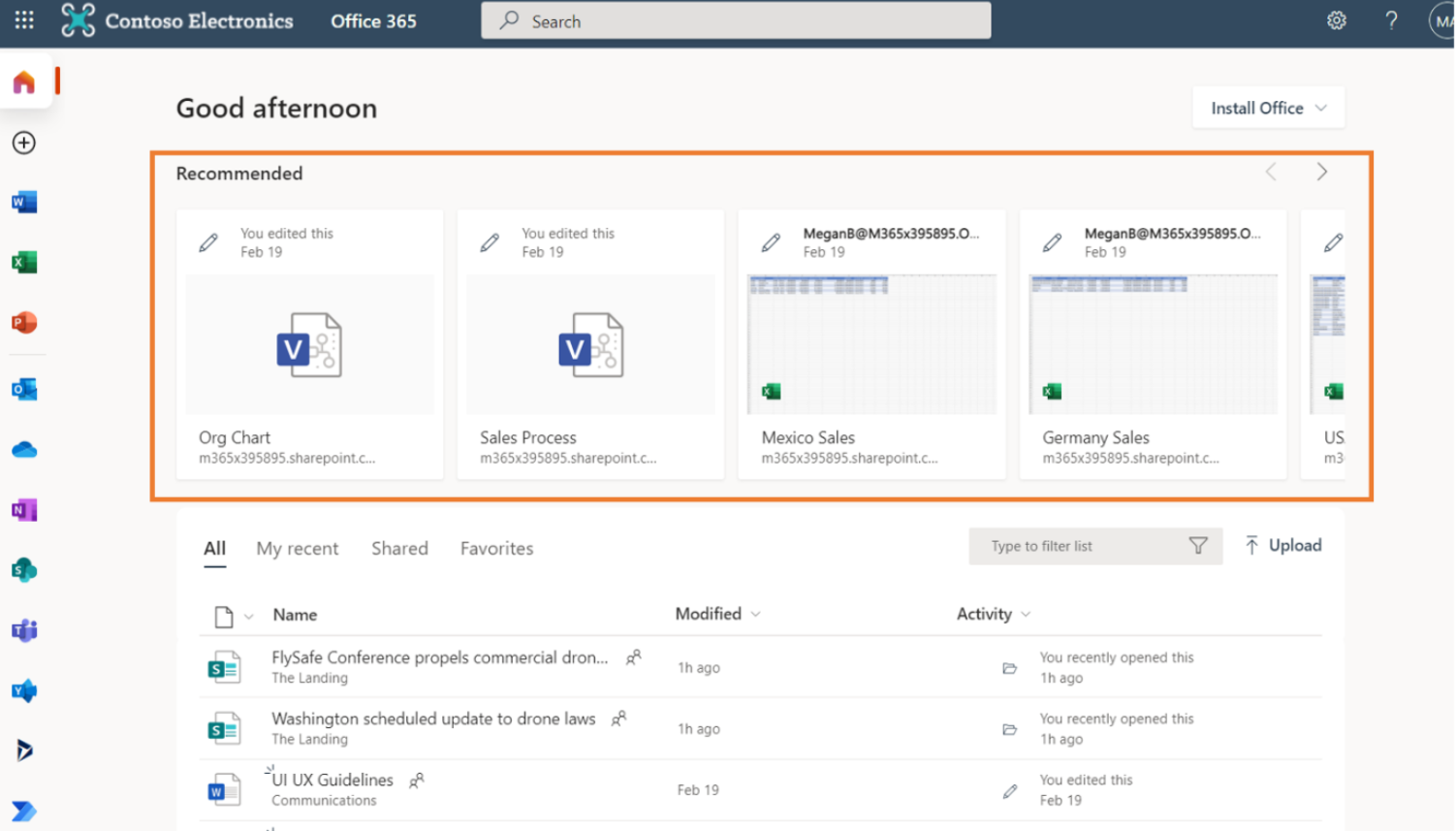 Contoso Electronics Office 365 page d’accueil pour un utilisateur avec les initiales « MA ». L’expérience recommandée contient des documents Excel pour les ventes au Mexique et en Allemagne, sur 2000, sur 2000.