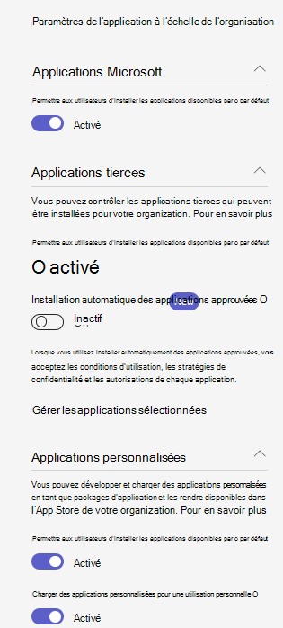 Capture d’écran montrant les paramètres de l’application à l’échelle de l’organisation dans un organization qui utilise la fonctionnalité de gestion centrée sur l’application.