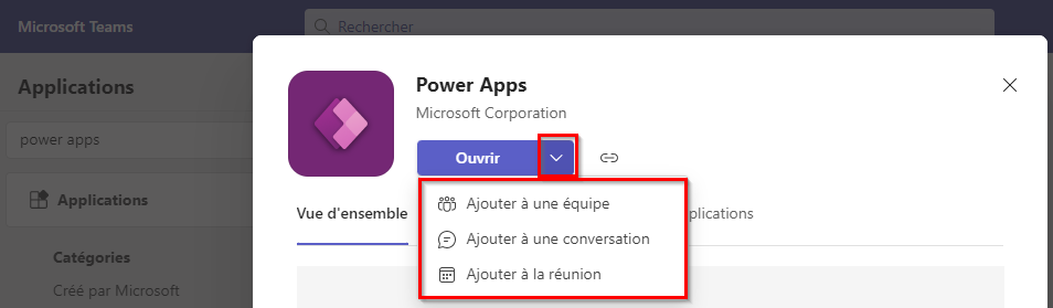 Capture d’écran de la page de l’application Power Apps dans Teams, avec le bouton Ajouter et les options d’ajout en surbrillance.