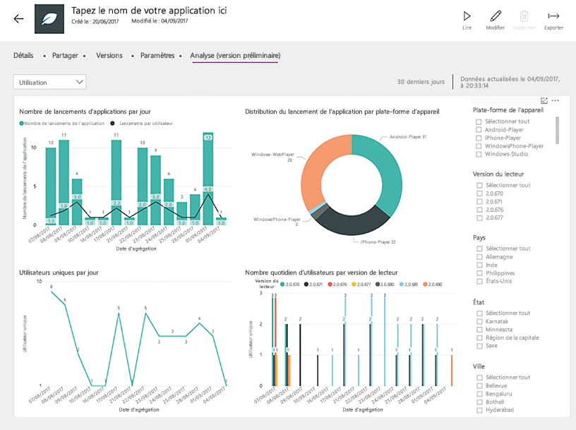 Capture d’écran d’un rapport d’utilisation de l’application.