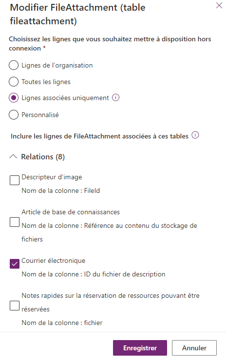 Capture d’écran montrant comment modifier la table FileAttachment.