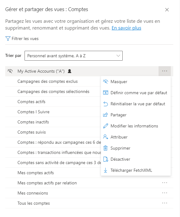 Une capture d’écran du sélecteur de vue, montrant l’option de partage, modification ou suppression d’une vue.