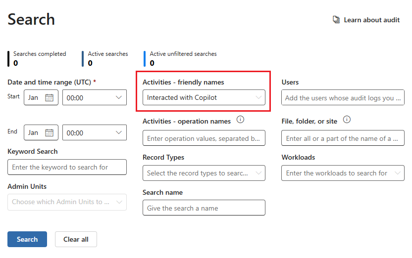 Options d’audit pour identifier les interactions utilisateur avec Copilot.