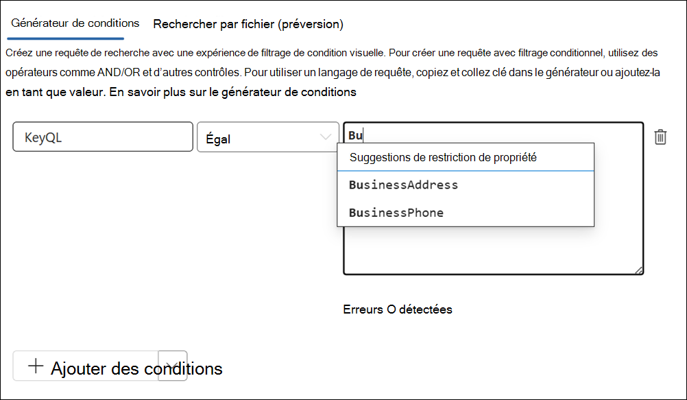 L’éditeur KeyQL suggère des propriétés prises en charge.