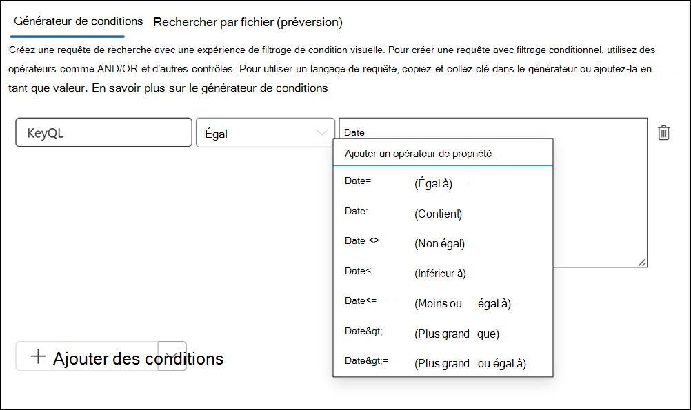 L’éditeur KeyQL suggère des opérateurs.