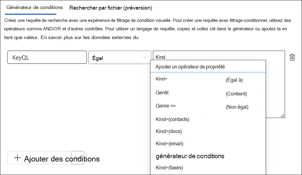 L’éditeur KeyQL suggère des valeurs pour certaines propriétés.