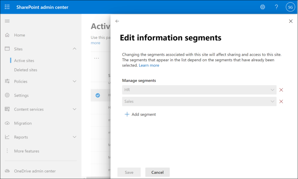 Panneau Modifier les segments d’informations.