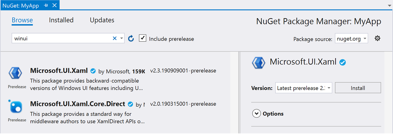 Capture d’écran de la boîte de dialogue Gestionnaire de package NuGet, montrant l’onglet Parcourir avec le terme « winui » dans le champ de recherche et la case « Inclure la préversion » cochée.