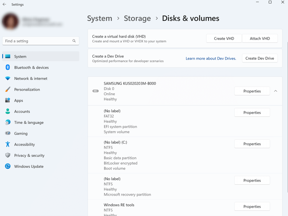 Capture d’écran de Système > Stockage > Disques & volumes