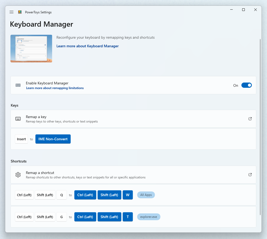 PowerToysKeyboard Manager capture d’écran des touches de remappage