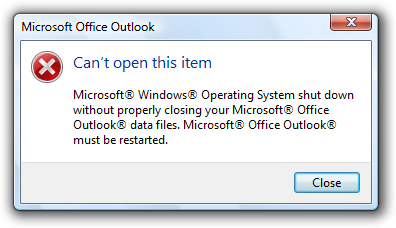 Capture d’écran montrant un message Microsoft Office Outlook « Impossible d’ouvrir cet élément ». 