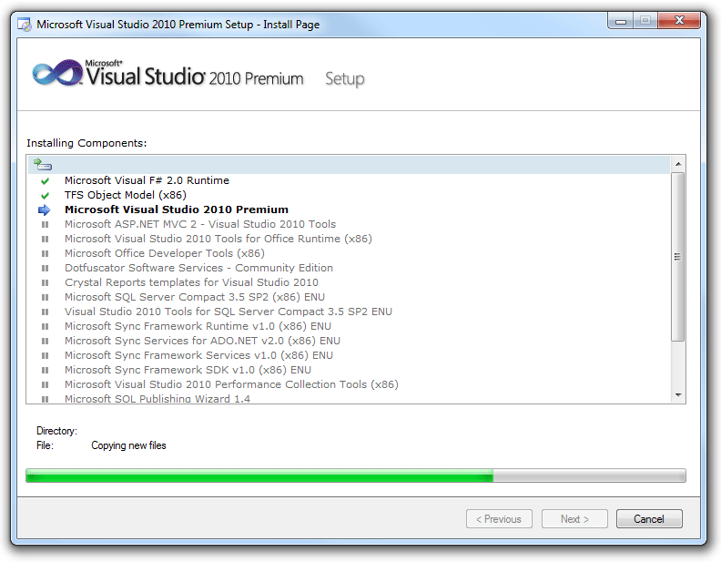 capture d’écran de l’installation de Visual Studio, liste partielle 