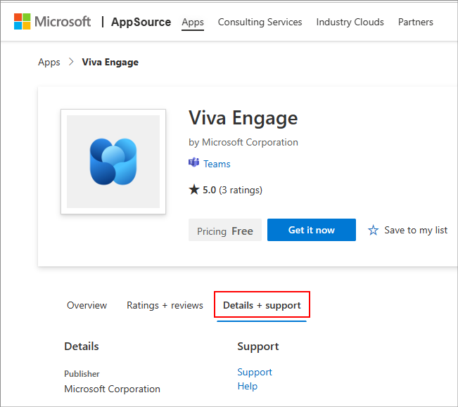 Capture d’écran montrant un lien d’aide et de support pour une application Teams dans AppSource.