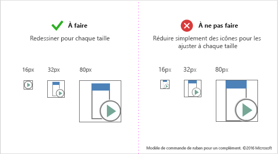 Illustration de la recommandation de redessiner les icônes par taille plutôt que de réduire les icônes. Par exemple, vous devrez peut-être utiliser moins d’éléments dans une petite icône au lieu de simplement réduire une image plus grande.