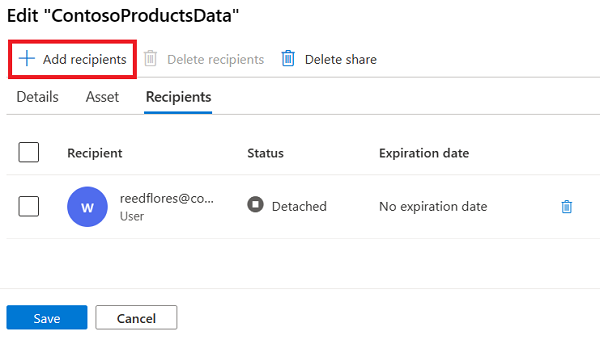 Capture d’écran de l’onglet Destinataires de la page de modification montrant le bouton Ajouter des destinataires mis en évidence.