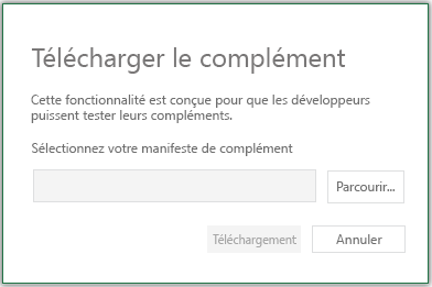 Boîte de dialogue de téléchargement de complément avec des boutons pour parcourir, télécharger et annuler.