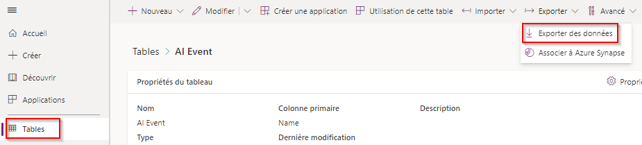 Capture d’écran montrant comment exporter des données à partir d’une table Dataverse.