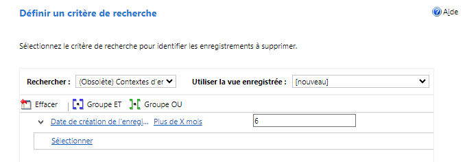 Capture d’écran des critères de recherche.