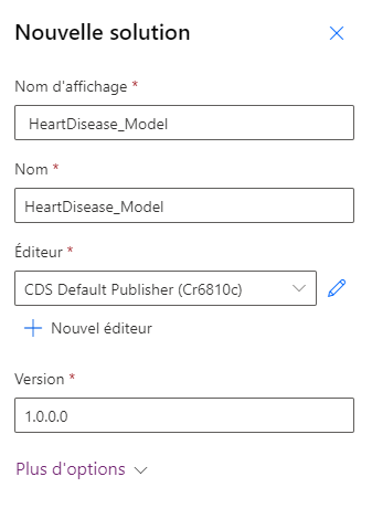 Capture d’écran du mode de création d’une nouvelle solution pour ajouter le modèle et tout autre composant.