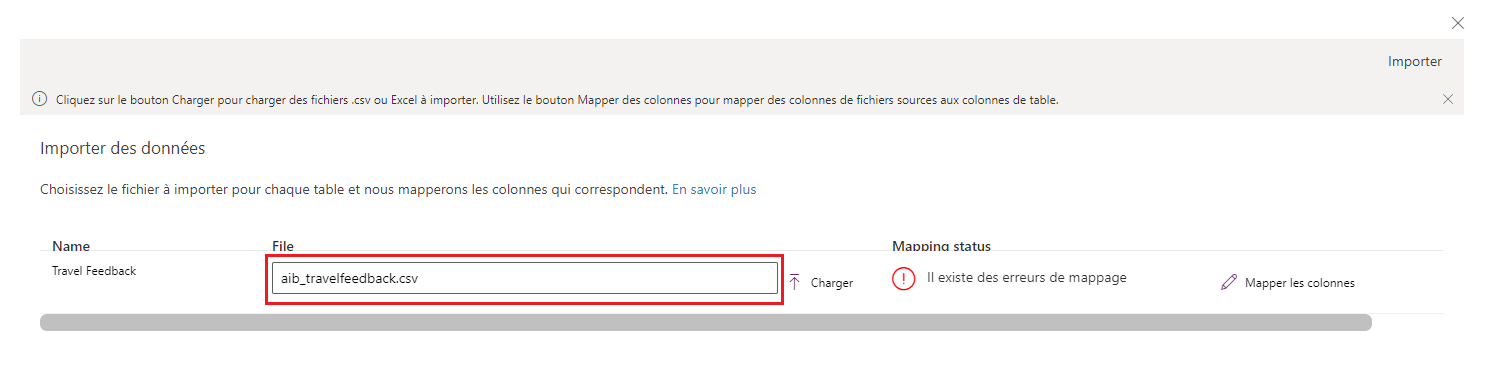 Capture d’écran de l’écran Importer des données avec aib_travelfeedback.csv sélectionné.