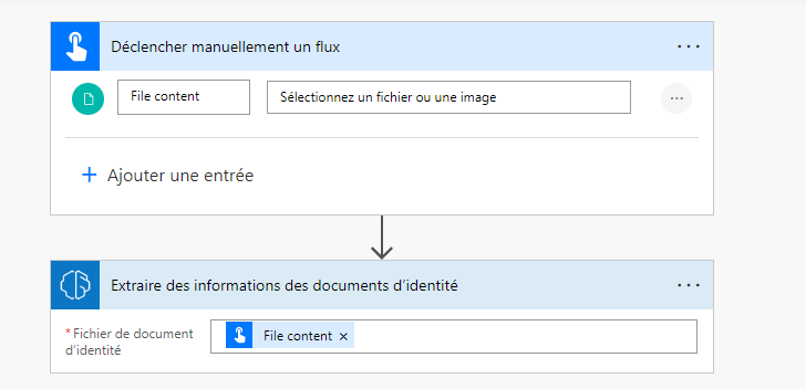 Capture d’écran d’une étape d’extraction d’informations déclenchée manuellement dans un flux, avec un document d’identité sélectionné.