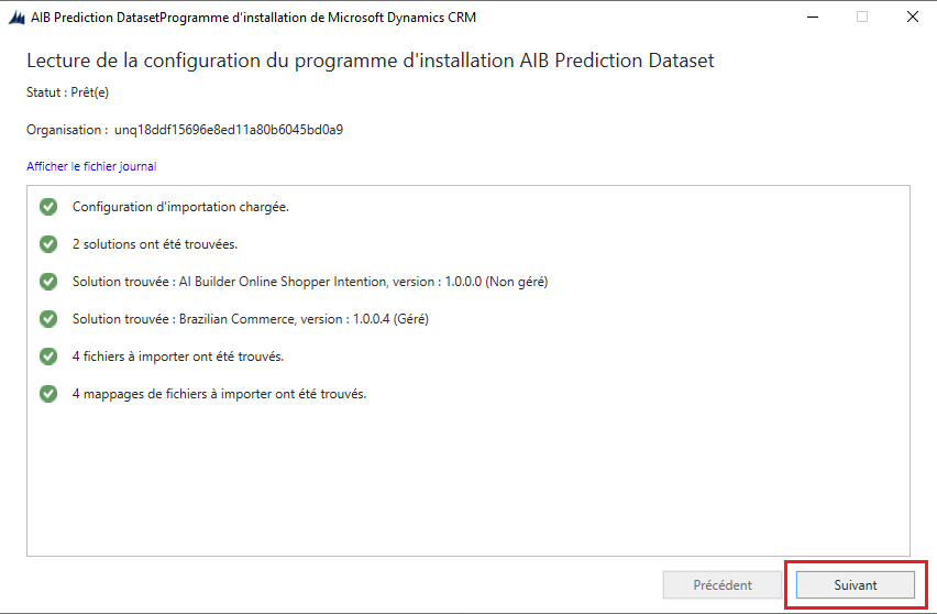 Capture d’écran du résumé de la configuration du programme d’installation du jeu de données AI Builder de prédiction.