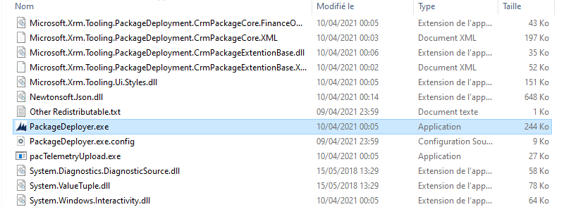 Capture d’écran montrant PackageDeployer.exe sélectionné.