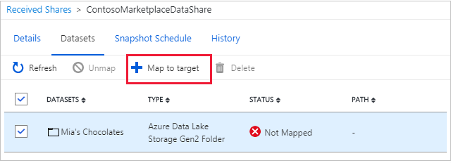 Capture d’écran de la page des partages reçus avec le bouton Mapper sur cible mis en évidence.