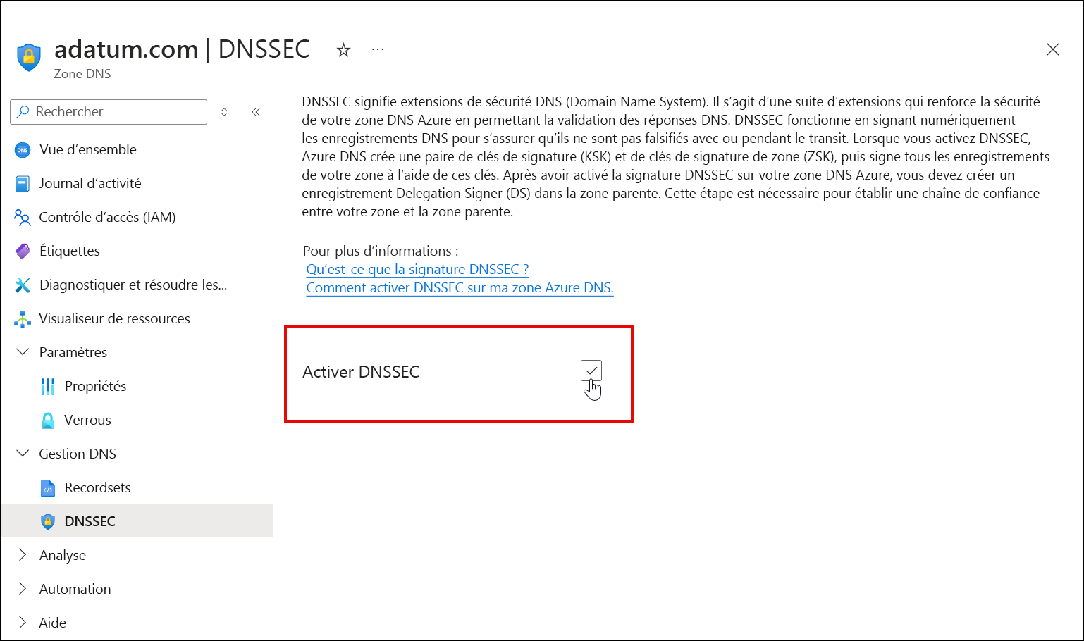 Capture d’écran de la case à cocher DNSSEC.