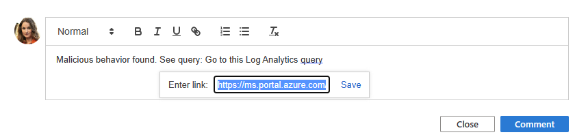 Capture d’écran de la zone d’édition de commentaire avec une requête Log Analytics comme lien.