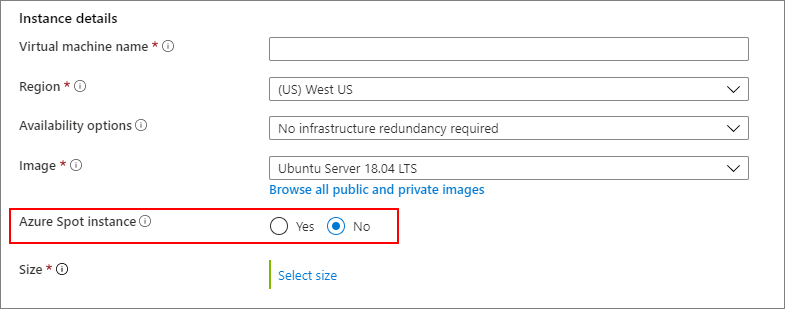 Capture d’écran du choix de Non, ne pas utiliser d’instance Azure Spot