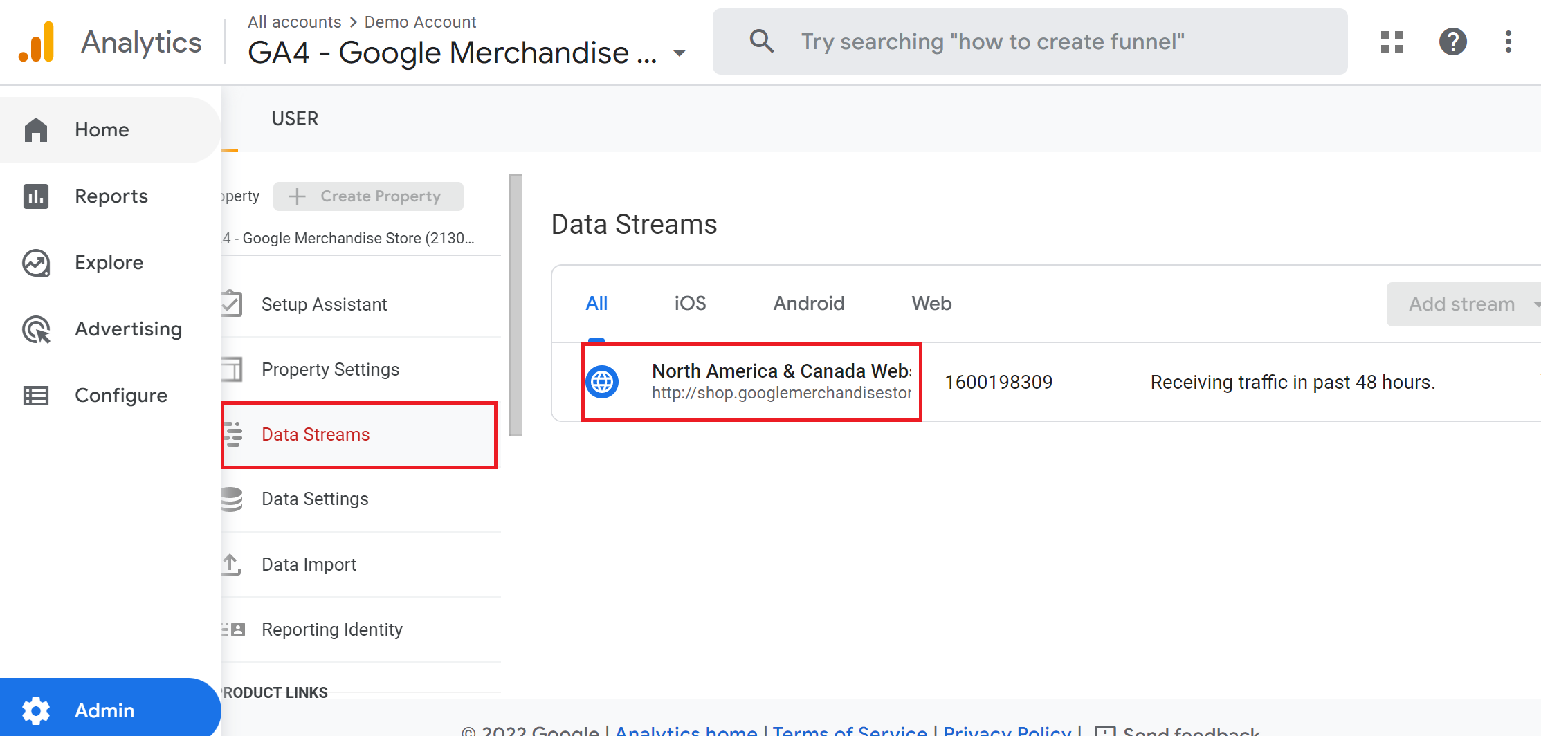 Select web data stream in GA4.