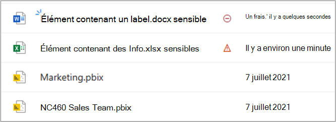 Icônes de conseil de stratégie DLP dans la bibliothèque de documents.