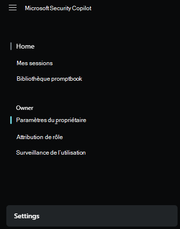 Capture d'écran du menu des paramètres du propriétaire.