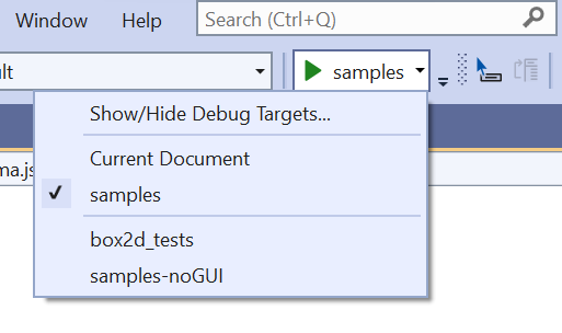 Capture d'écran de la liste déroulante de débogage de Visual Studio.