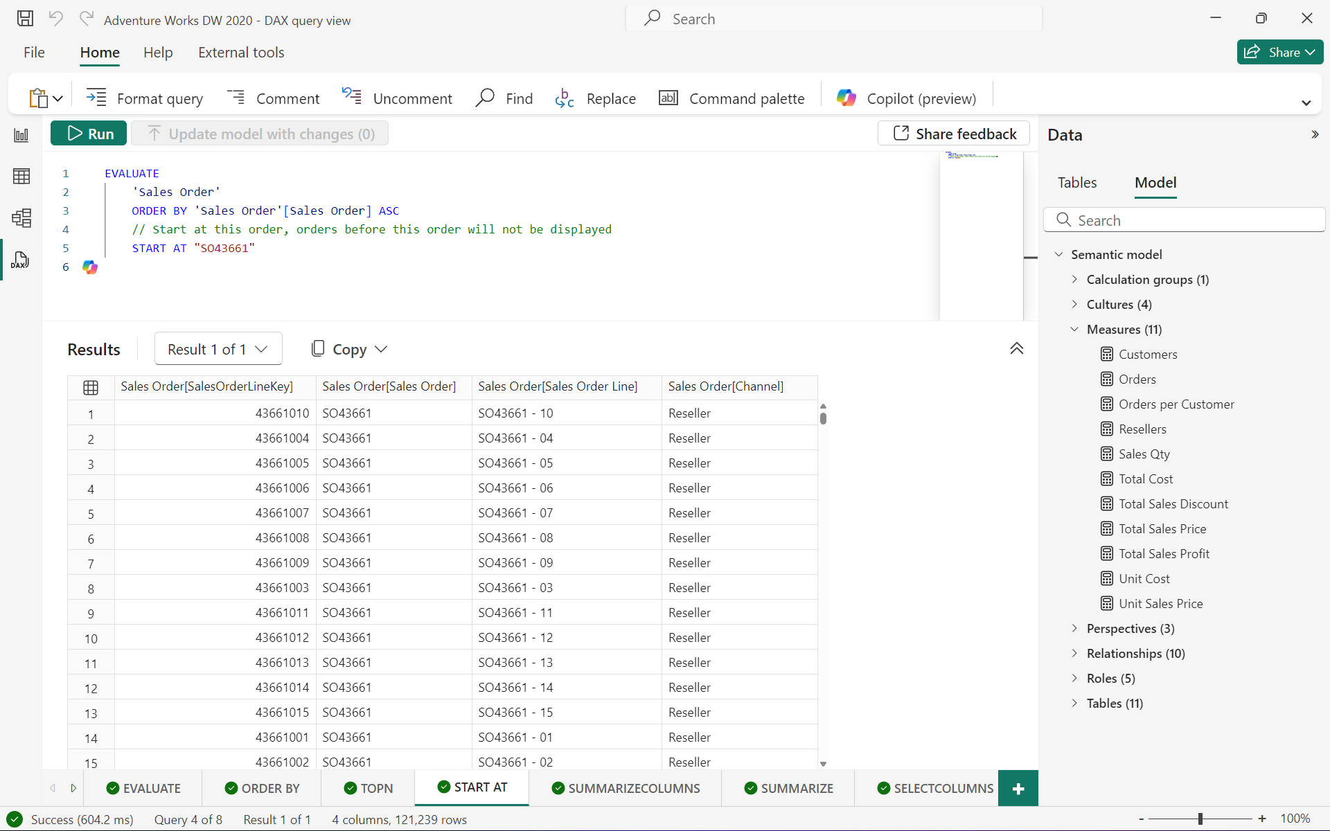 Instruction DAX Evaluate order par numéro de commande client