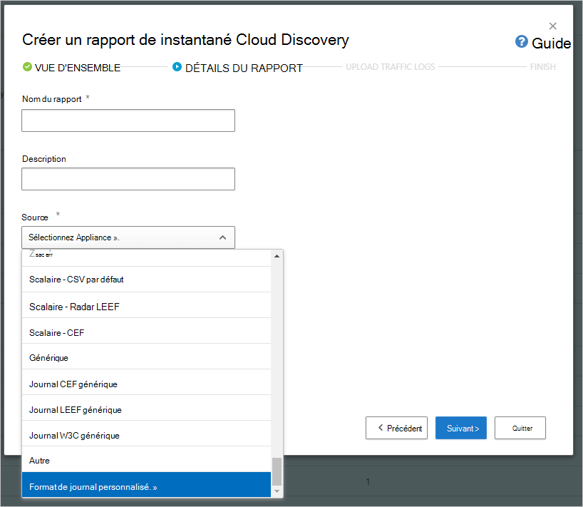 Capture d’écran de la boîte de dialogue Créer un rapport cloud discovery instantané.