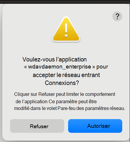 Capture d’écran montrant les invites sur les connexions réseau entrantes