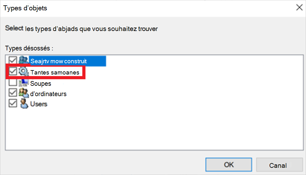 Capture d’écran oof sélection des comptes de service en tant que types d’objets.