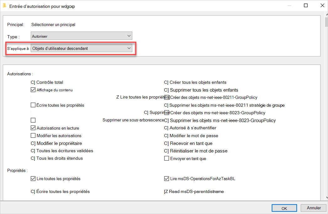 Capture d’écran de la définition des autorisations et des propriétés.